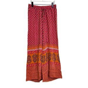 Tolani Womens M Silk Boho Wide-Leg Printed Pants Waist Pink Orange Floral Geomet